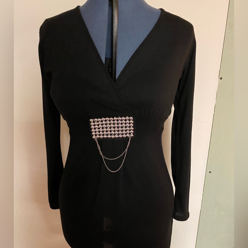 Jet black cocktail dress - shorter with large silver beads & chain  Sz: L